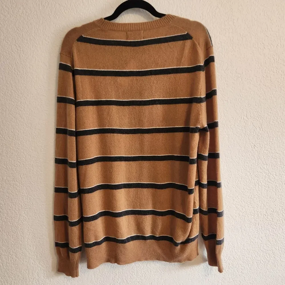 Magaschoni Man Men's Size Medium 100% Cashmere Tan/Navy‎ Striped Long Sleeve NWT